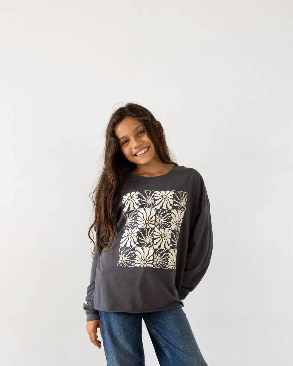 NEW TINY WHALES long sleeve daisy check tee in faded black